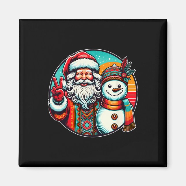 Imán Hippie Santa Retro Snowman Navidades bohemios (Frente)