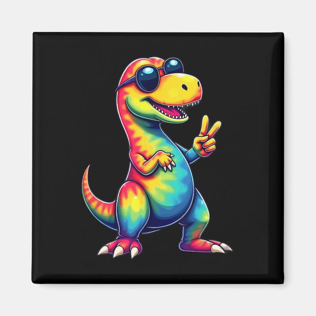 Imán Hippie Tie Dye T-rex Dino Signo de Paz  (Frente)