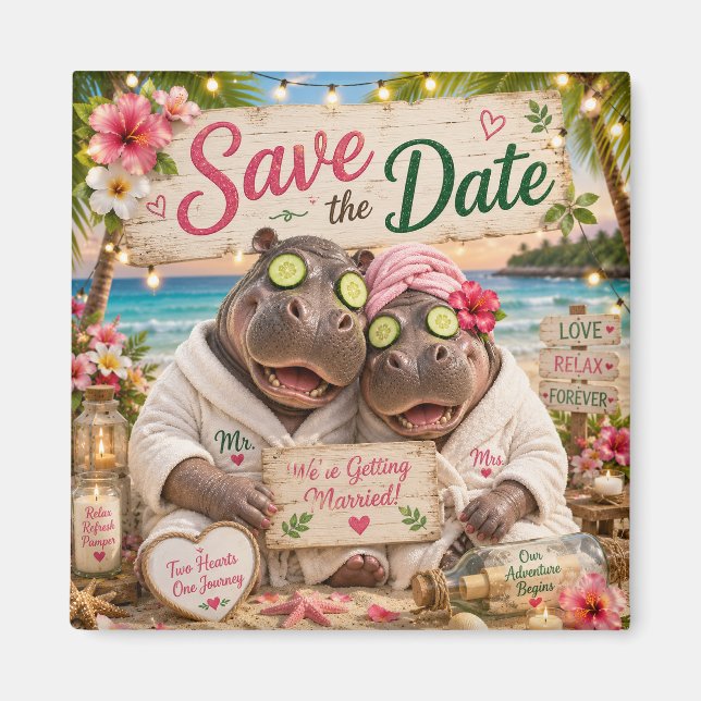 Imán Hippo Couple Tropical Spa Save the Date (Frente)