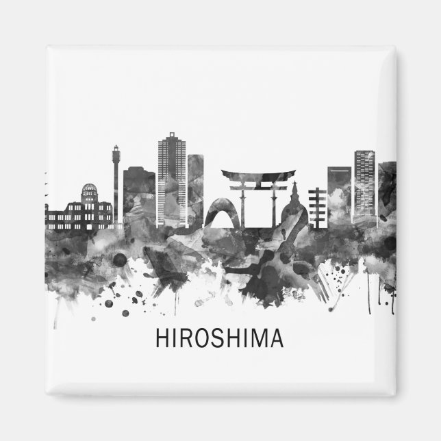 Imán Hiroshima Japan Skyline BW (Frente)