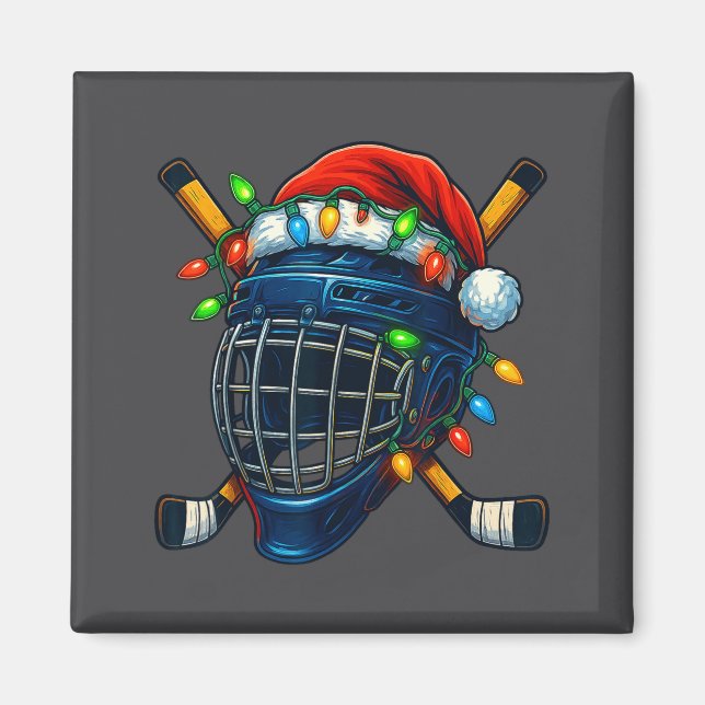 Imán Hockey Helmet Christmas Lights Santa Hat Design Xm (Frente)