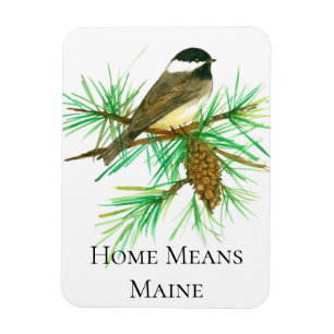 Imán Hogar significa Maine Chickadee Bird Tassel Pineco