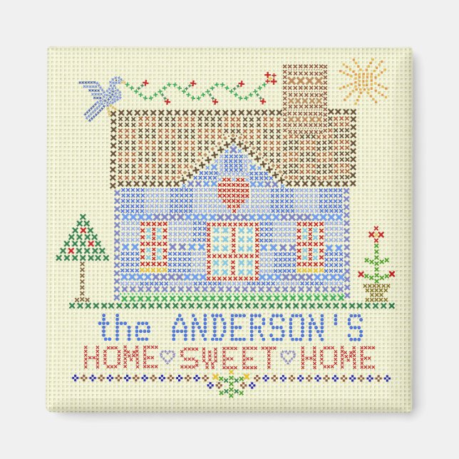 Imán Hogar Sweet Home Cross Stitch House Personalizado (Frente)