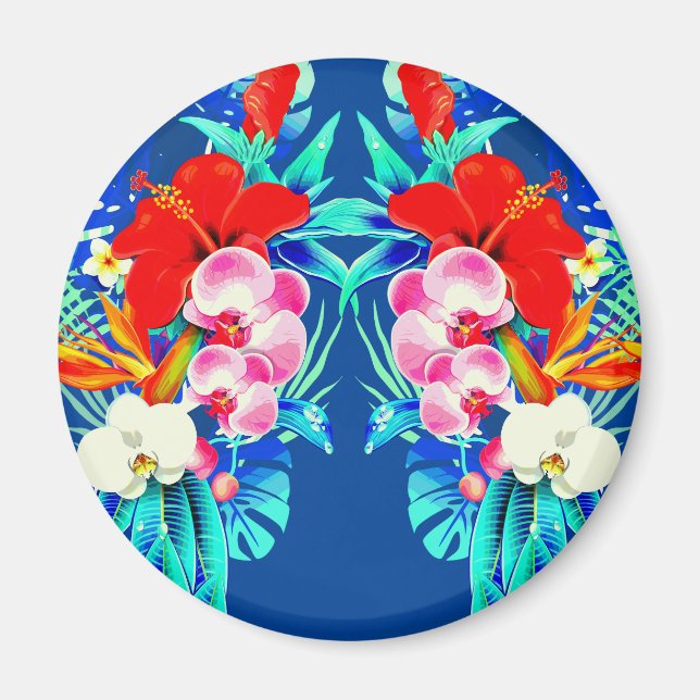 Imán Hoja de palma orquídea tropical azul floral hawaia (Frente)