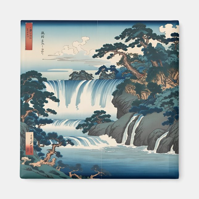 Imán Hokusai Ukiyo-e Paisaje de cascada japonés Azul (Frente)