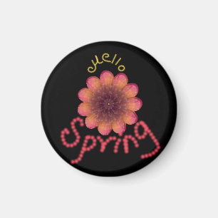 Imán Hola Primavera - Arte de Flor Rosa y Naranja Textu