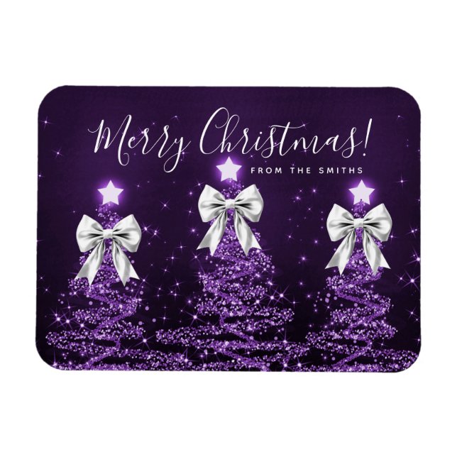 Imán Holiday Purple Christmas Trees Greeting Silver  (Horizontal)