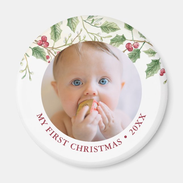 Imán Holly Berry Baby 1st Christmas Photo Holiday Cute (Frente)