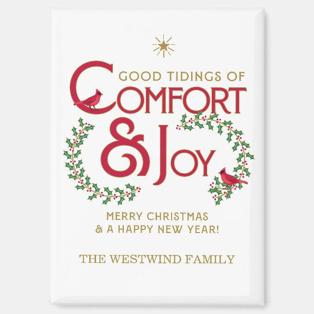 Imán Holly Berry Cardinals Personalized Merry Christmas (Anverso)