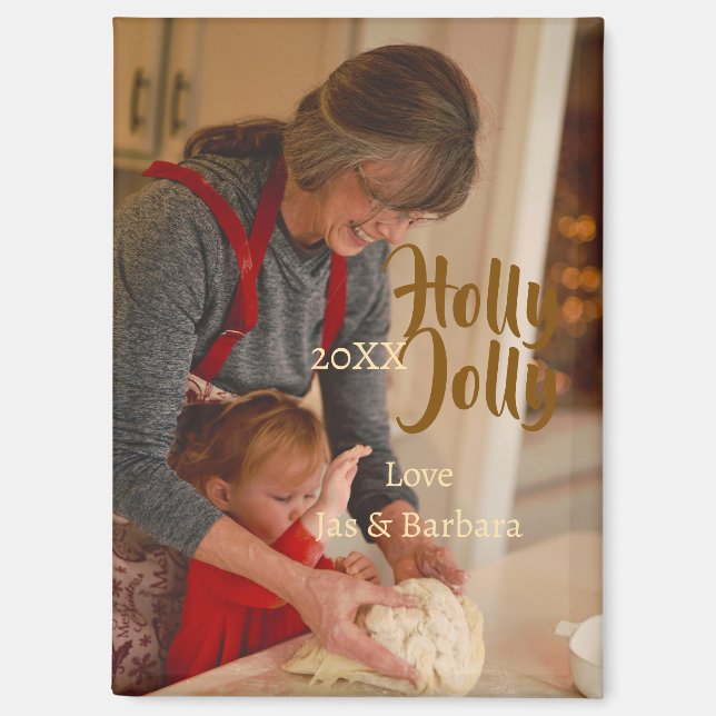 Imán Holly Jolly family holiday photo beige year naboho (Anverso)