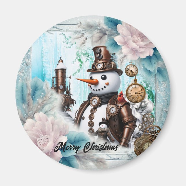Imán ¡Hombre de nieve a tiempo! Steampunk Snowman (Frente)