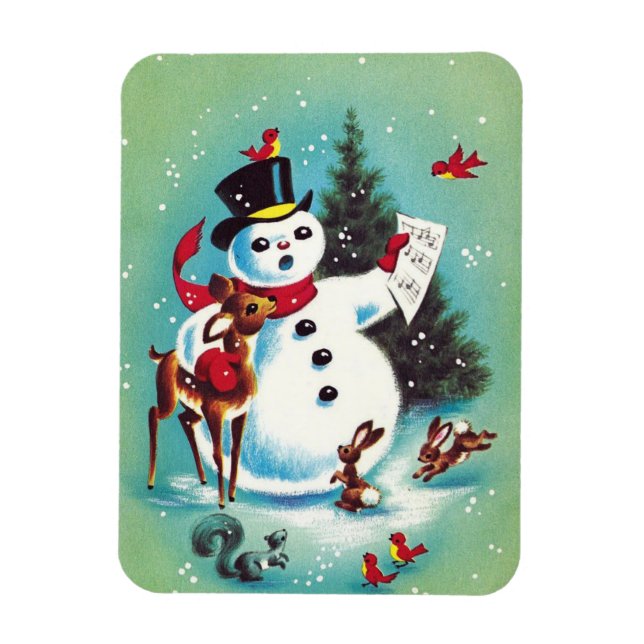 Imán Hombre de nieve de Navidad con animales (Vertical)