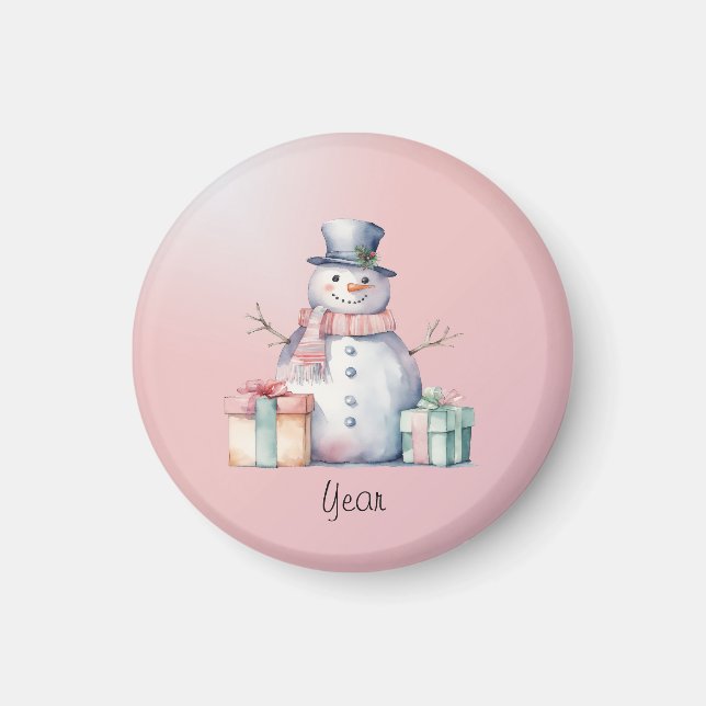 Imán Hombre de nieve rosa con paquetes (Frente)