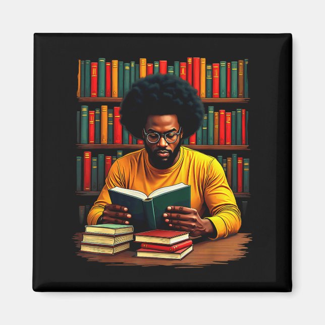 Imán Hombre negro de Juneteenth leyendo libros (Frente)