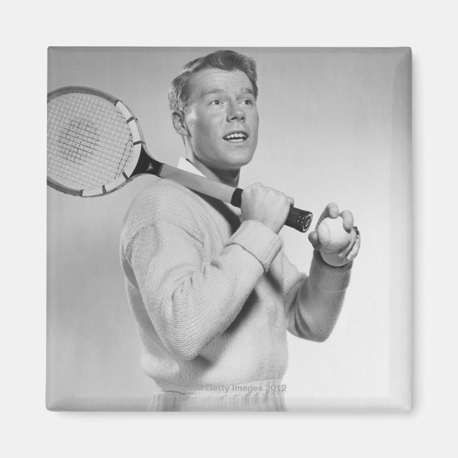 Imán Hombre sosteniendo raqueta de tenis (Frente)