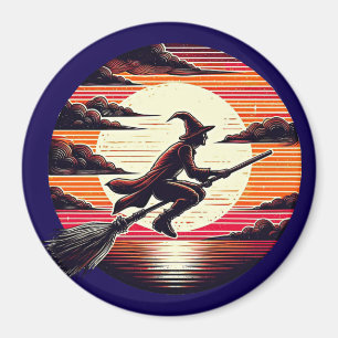 Imán Hombres Witch equitación Broom in sunset art ilust
