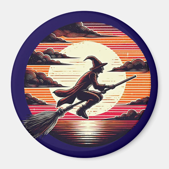 Imán Hombres Witch equitación Broom in sunset art ilust (Frente)