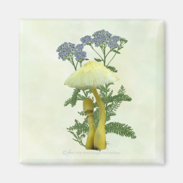 Imán Hongos amarillos con flores azul diminutas Magnet (Frente)