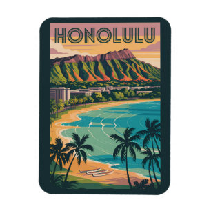 Imán Honolulu Hawaii Ilustracion Viaje Arte Vintage