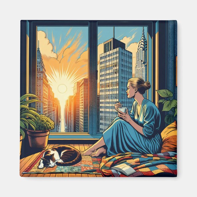 Imán Hora de la mañana en la ciudad | La mujer reflexio (Frente)