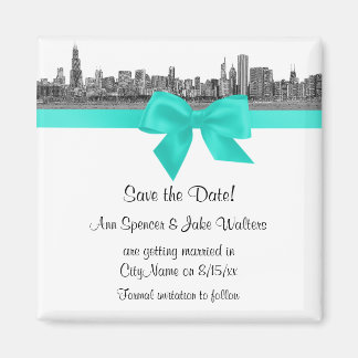 Imán Horizonte de Chicago Grabado BW Aqua Save the Date