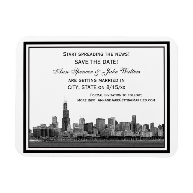Imán Horizonte de Chicago Grabado en Marco Save the Dat (Horizontal)