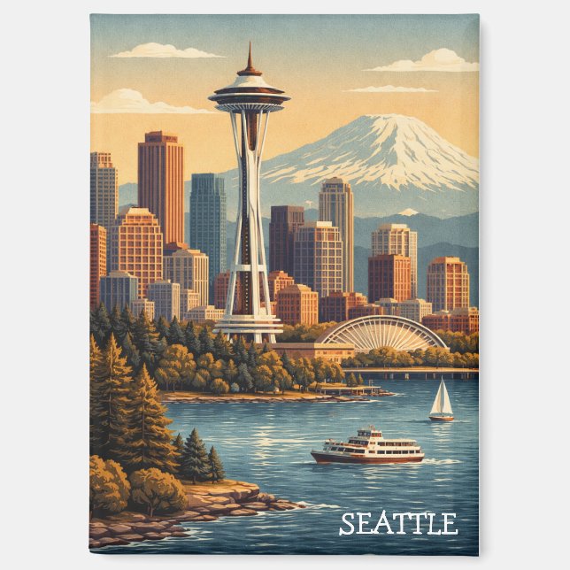 Imán Horizonte de Seattle, Washington Vintage Viajes (Anverso)