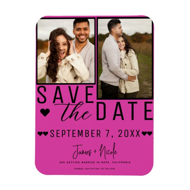 Imán Hot Pink & Black Save the Date 2 Photo Boda (Vertical)