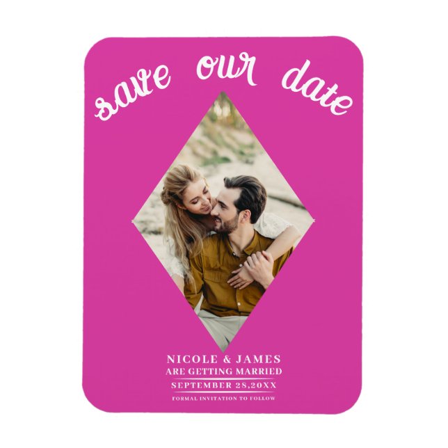 Imán Hot Pink Diamond Photo Wedding Save the Date (Vertical)