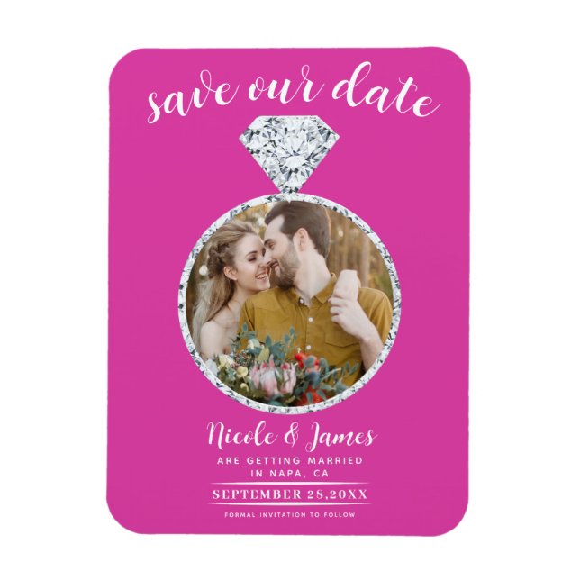 Imán Hot Pink Diamond Ring Bling Photo Save the Date (Vertical)