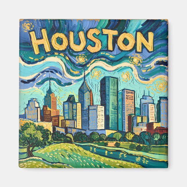 Imán Houston Skyline Colorful Van Gogh Cityscape (Frente)
