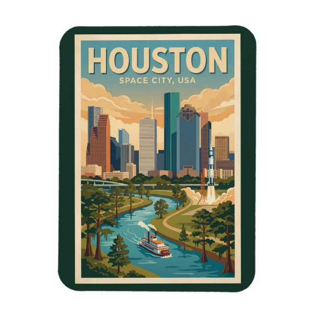 Imán Houston Texas Illustration Travel Art Vintage (Vertical)