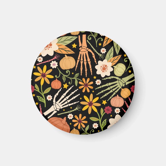 Imán Huesos de Halloween, patrón sin costuras florales. (Frente)