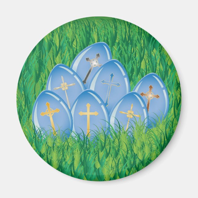 Imán Huevos azules de Pascua decorados sobre césped (Frente)