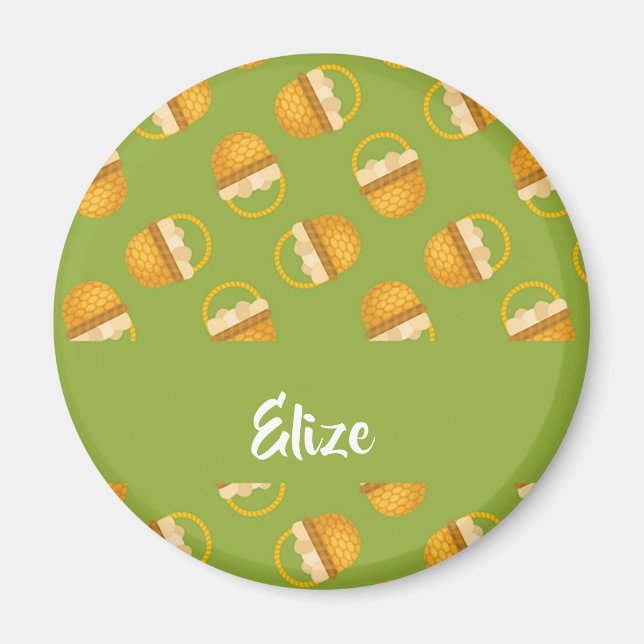 Imán Huevos en cesta marrón en verde (Frente)