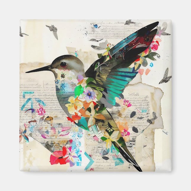 Imán Hummingbird Mixed Media Art Collage Magnet (Frente)