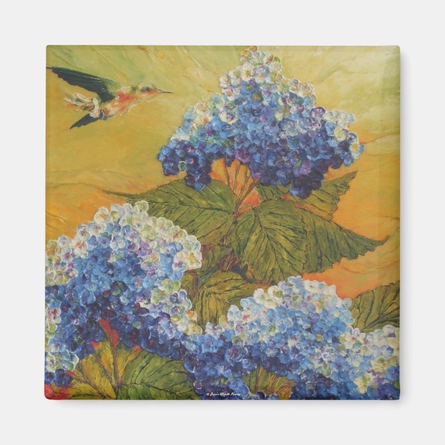 Imán Hummingbird y Blue Hydrangea Magnet (Frente)