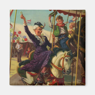 Imán Humor vintage, abuelita en un caballo morado