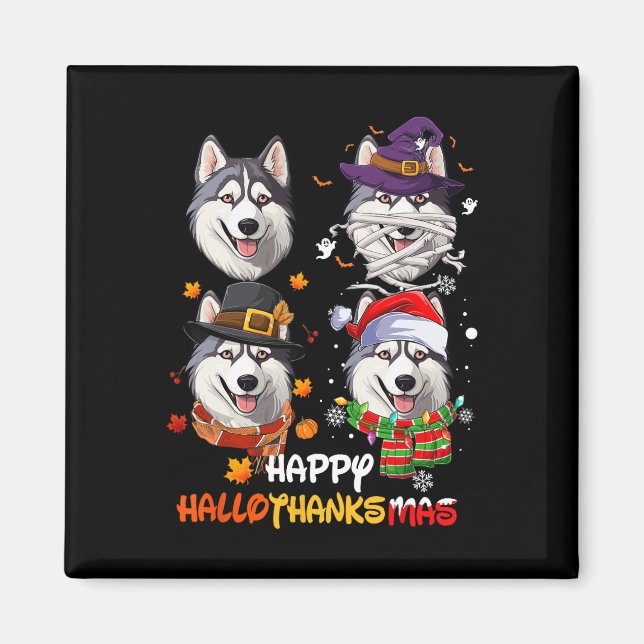 Imán Husky Dog Hallothanksmas Halloween Acción de Graci (Frente)
