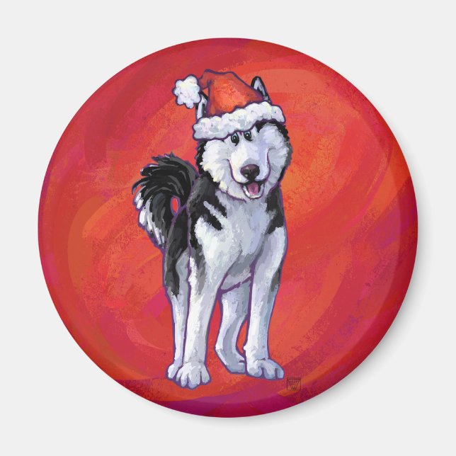 Imán Husky en Santa Hat en rojo (Frente)