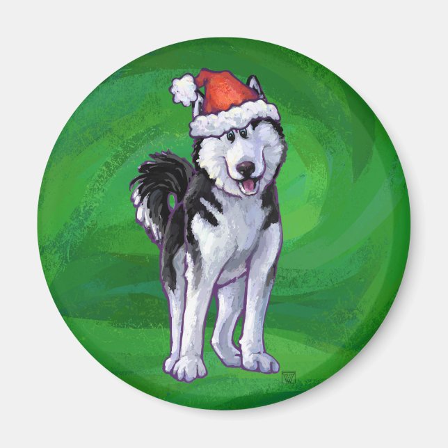 Imán Husky festivo en Santa Hat en Green (Frente)