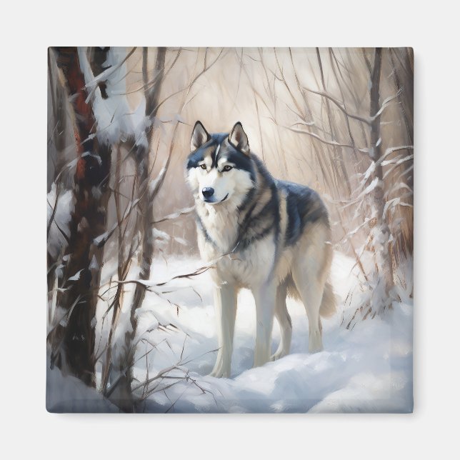 Imán Husky Siberiano Deja que nieve Navidad (Frente)