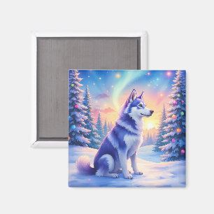 Imán Husky Siberiano Luces del Norte Navidad Invierno
