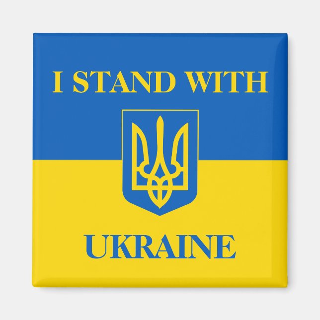 Imán I Stand With Ukraine. Ukrainian Flag & Trident. (Frente)