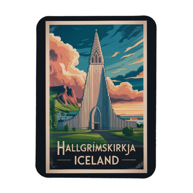 Imán Iceland Hallgrimskirkja Illustration Travel Art (Vertical)