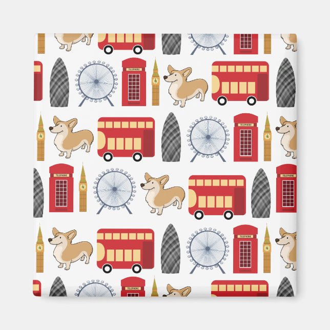 Imán Icono de Londres y patrón de corgi Collage (Frente)
