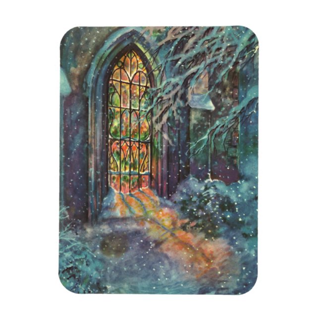 Imán Iglesia de Navidad vintage con vidriera (Vertical)