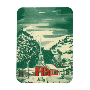 Imán Iglesia vintage de Navidad, paisaje nevado en invi