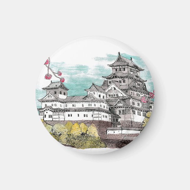 Imán Ilustracion acuático del Castillo de Osaka Japón (Frente)