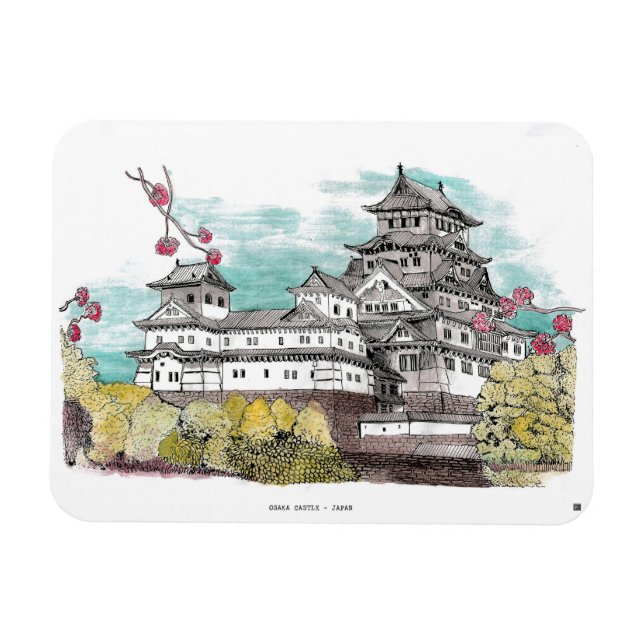 Imán Ilustracion acuático del Castillo de Osaka Japón (Horizontal)